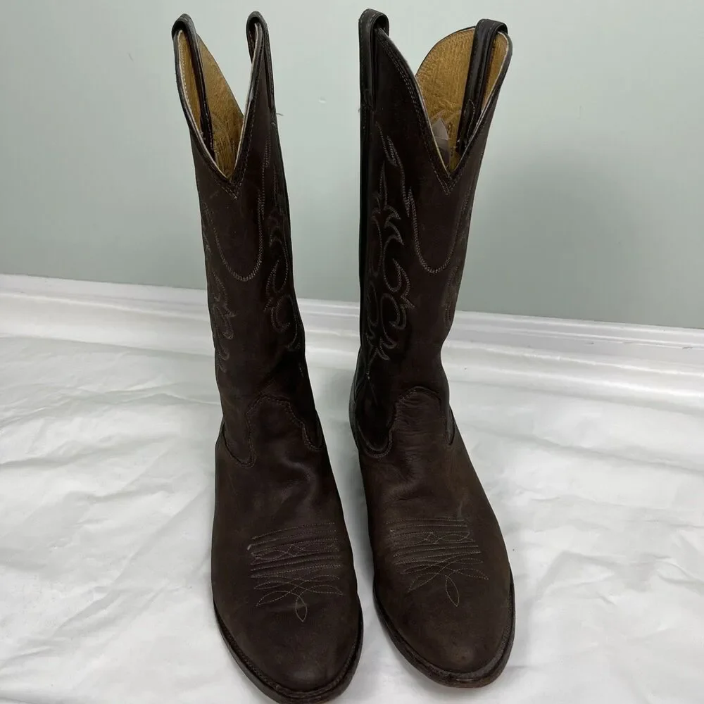 VTG Nocona Cowboy Boots Mens 9.5D Made In USA Brown Leather Western Snip Toe USA